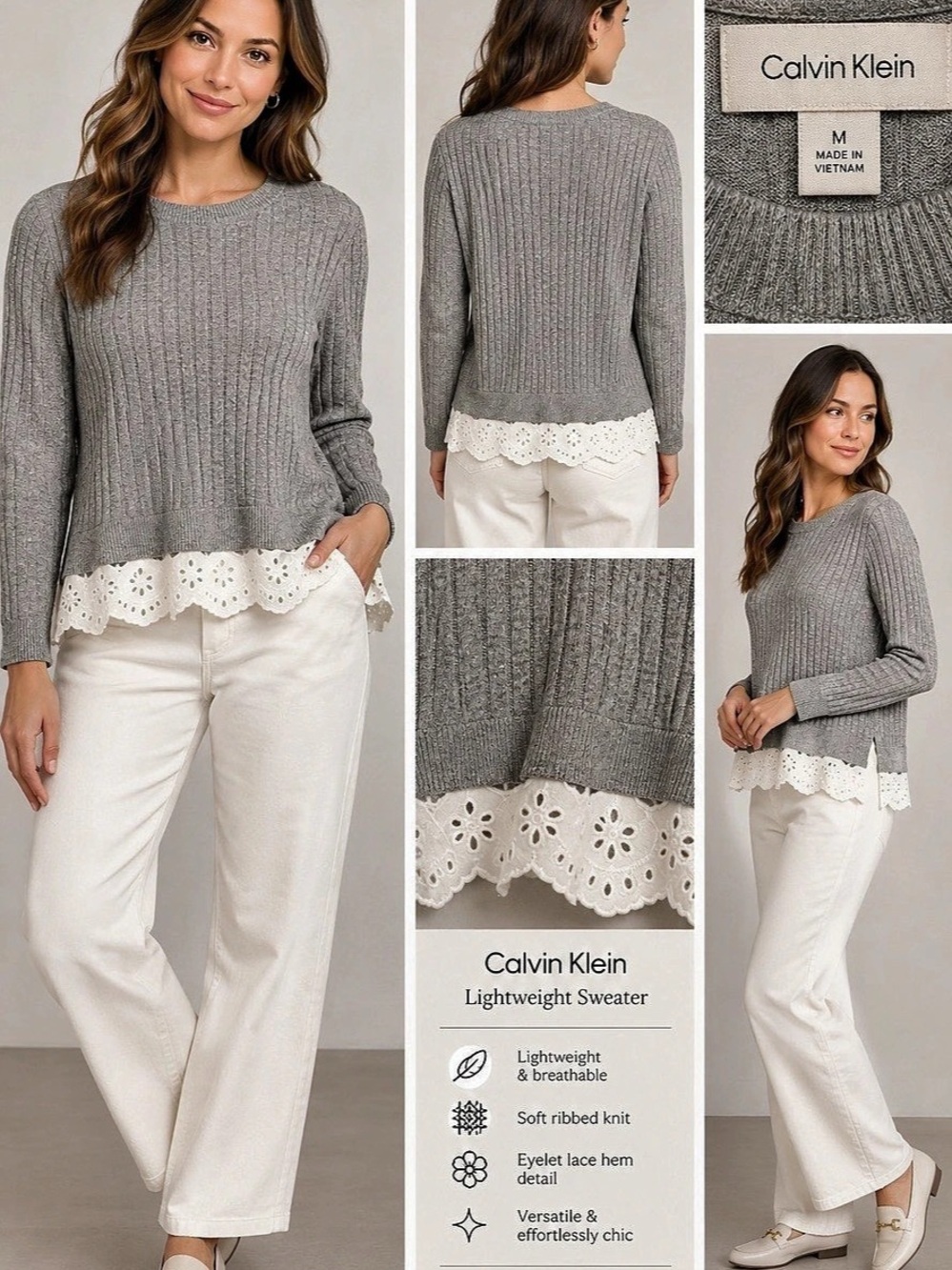 LOFT Eyelet Hem Sweater Gray & White Size Medium